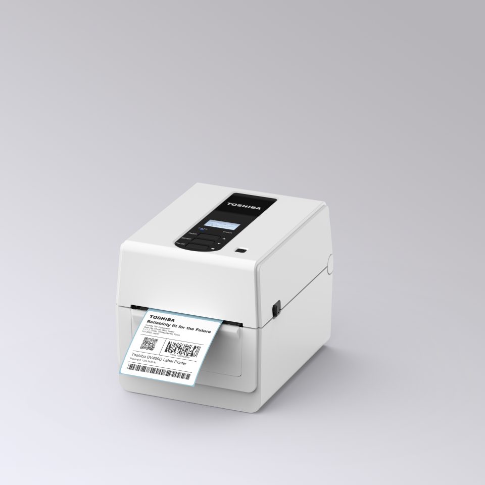 Side view of white Toshiba label printer