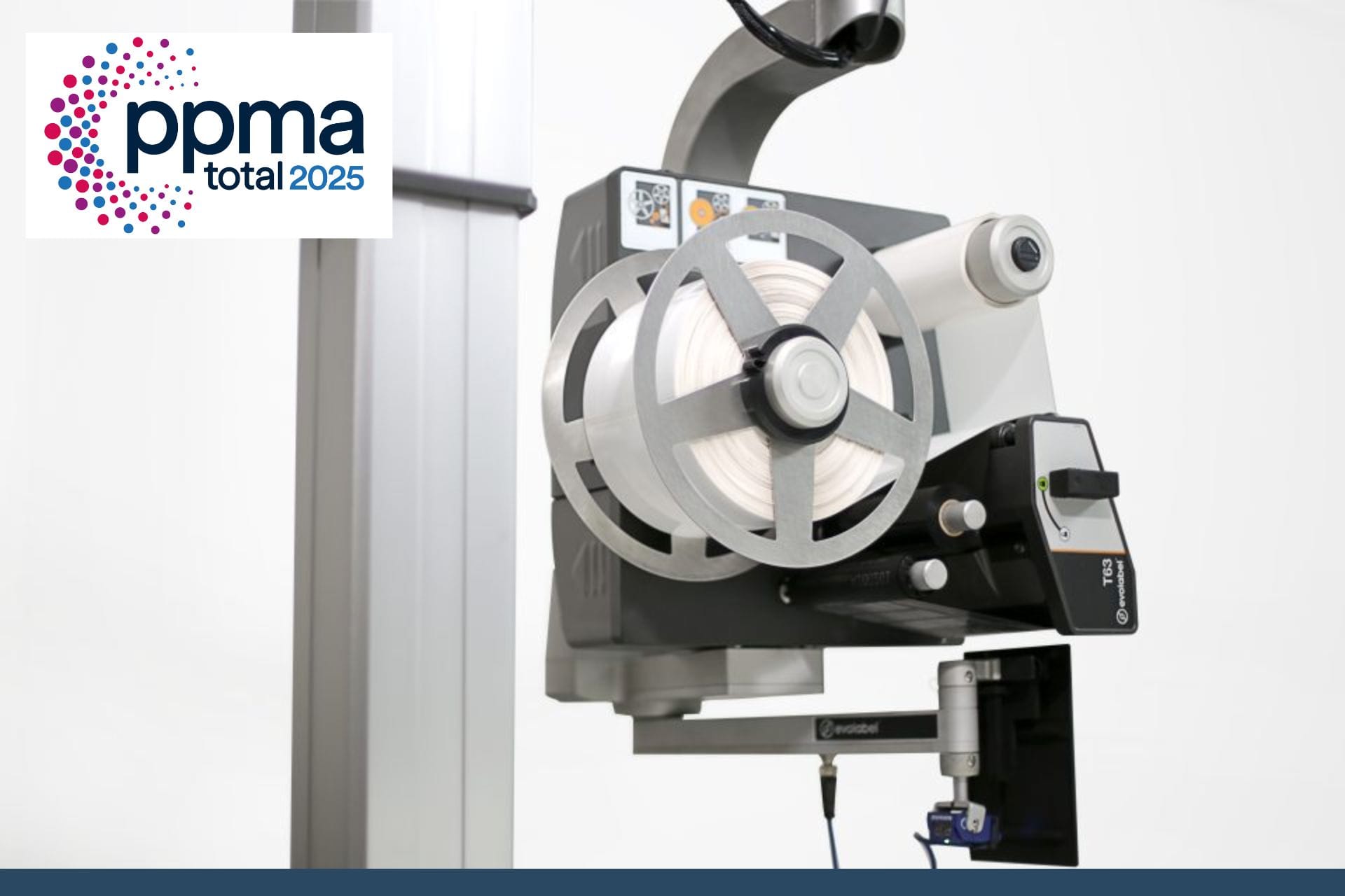 Photo of the Evolabel FlexWipe pallet labelling system, with PPMA Total Show logo in top left corner