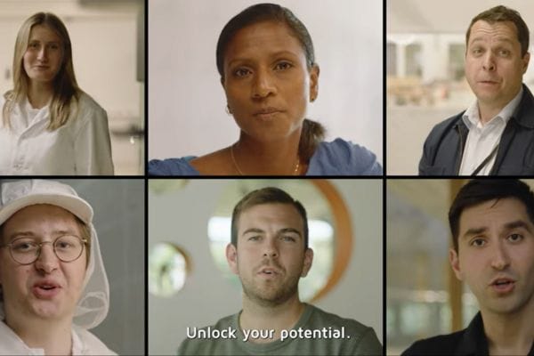 Faces of six people speaking to a camera. Text reads "unlock your potential"